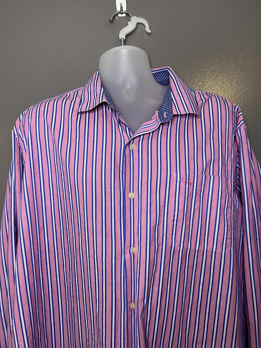 Tommy Bahama Shirt Mens 2XL Pink Blue Stripe Long Sleeve Button Up Pima Cotton